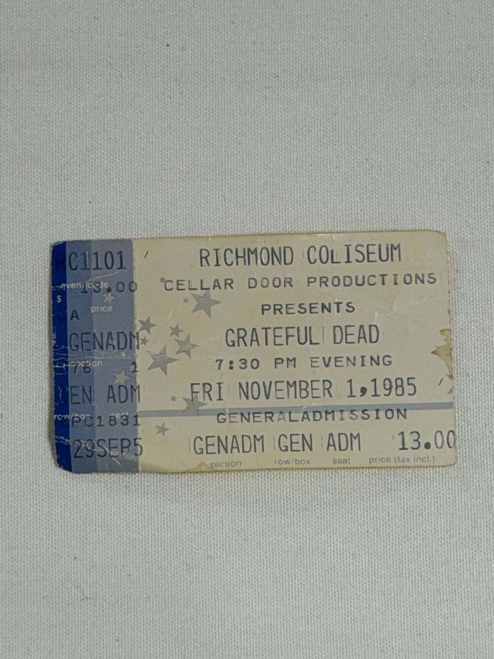 Vintage 1985 Grateful Dead Ticket Stub - Richmond Coliseum, November 1, 1985